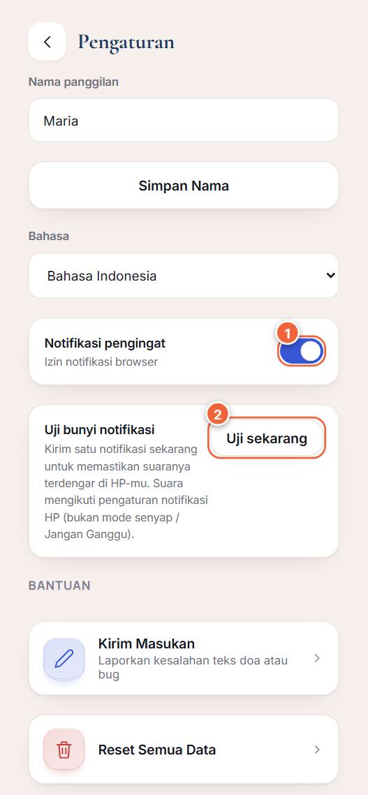 Layar Pengaturan dengan tombol Notifikasi pengingat